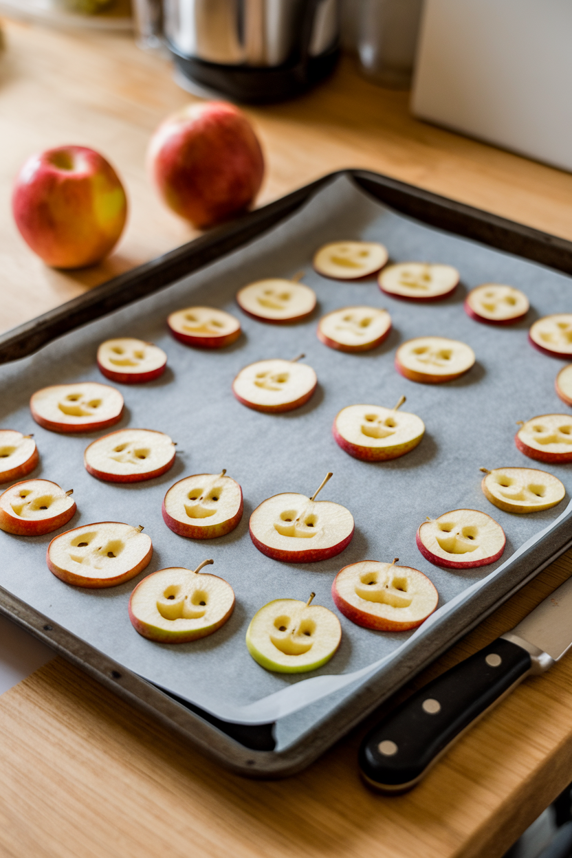 An indoor baking sheet lined with dried apple slices carved into tiny faces, set on a wooden counter. No text or logos.