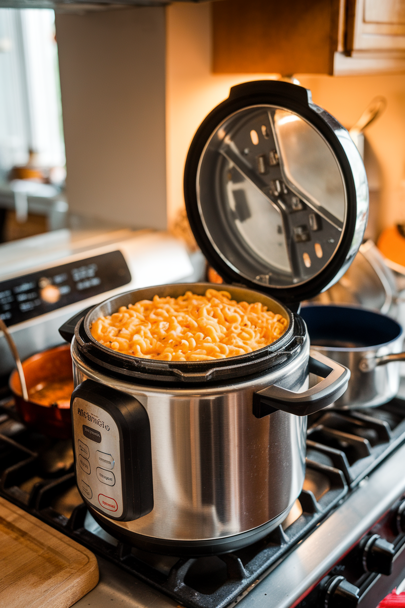 An indoor stovetop scene showing an open electric pressure cooker filled with creamy macaroni and cheese, no appliance branding visible; no text or logos. Photo.</Prompt