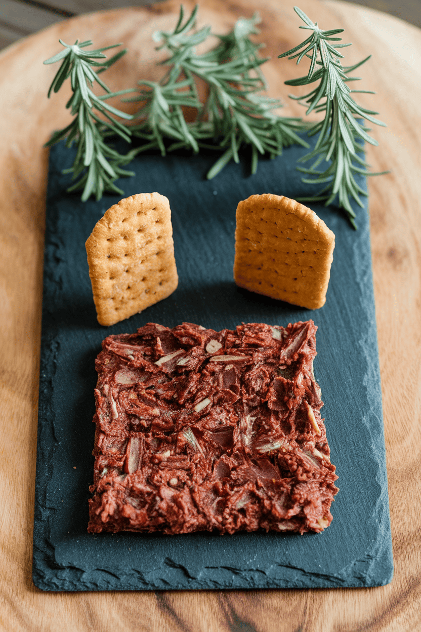 Overhead indoor shot of a rectangular slate with tapenade spread in a rough rectangle, cracker “tombstones” standing upright, and rosemary sprigs as eerie trees. No text or logos.