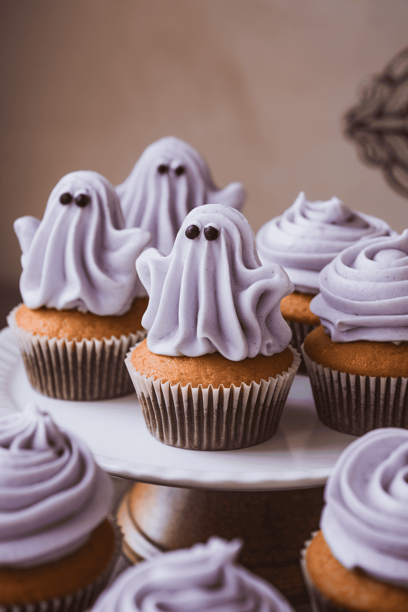 Soft indoor photo of honey-lavender cupcakes with pale purple frosting shaped into a gentle ghost form, simple black icing eyes; no text or logos