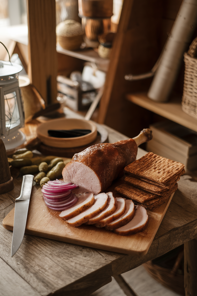 Indoor rustic table showcasing a cutting board with sliced smoked turkey leg meat (fully cooked), pickled red onions, gherkins, and rye crispbread. No text or logos. Photo only.