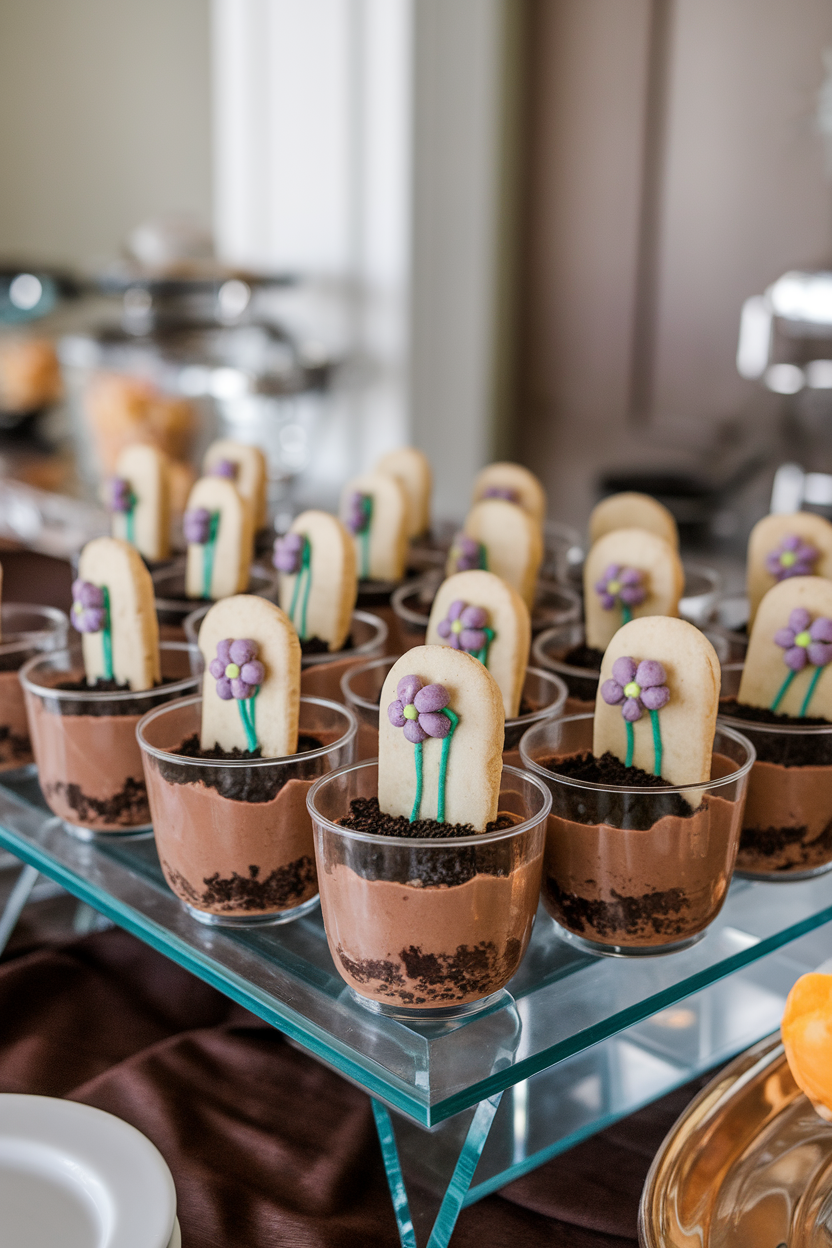 Individual clear cups of chocolate pudding layered with crushed cookie “dirt,” topped by a cookie “tombstone” with candy flowers, all on an indoor buffet. Photo only, no text or logos.