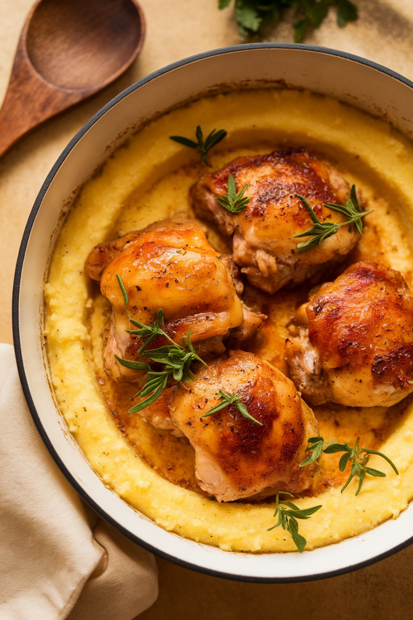 Warm indoor image of creamy polenta with orange-rosemary glazed chicken thighs and a sprinkle of parsley. No text or logos.