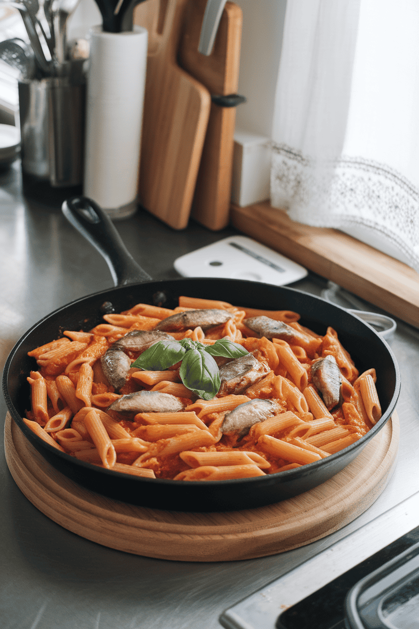 A photo inside a kitchen with a skillet of cooked penne coated in tomato basil sauce, dotted with canned sardine fillets. No text or logos.