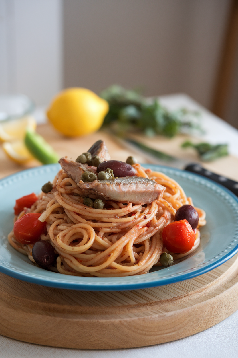 An indoor plate of whole-grain spaghetti tossed with canned sardines, olives, capers, and cherry tomatoes. No text or logos visible; photo only.