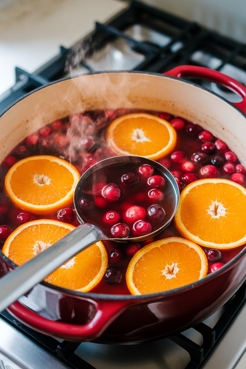 Photo of a Dutch oven on an indoor stovetop, ladle resting inside steaming cranberry apple hot punch with visible orange slices and cranberries. No text or logos present.