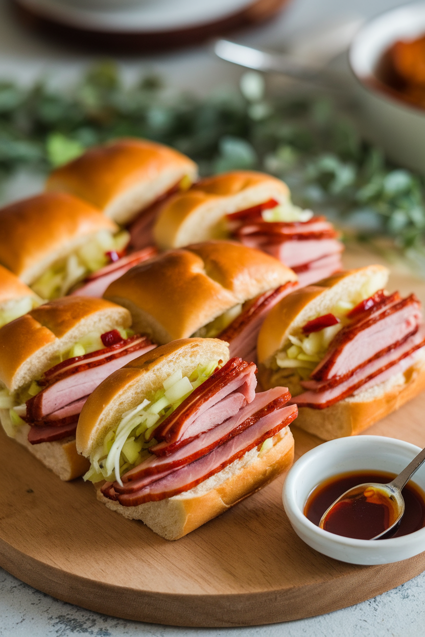 Indoor tray of mini rolls filled with slices of glazed ham and apple slaw, glaze shining lightly. No logos or text. Photo only.