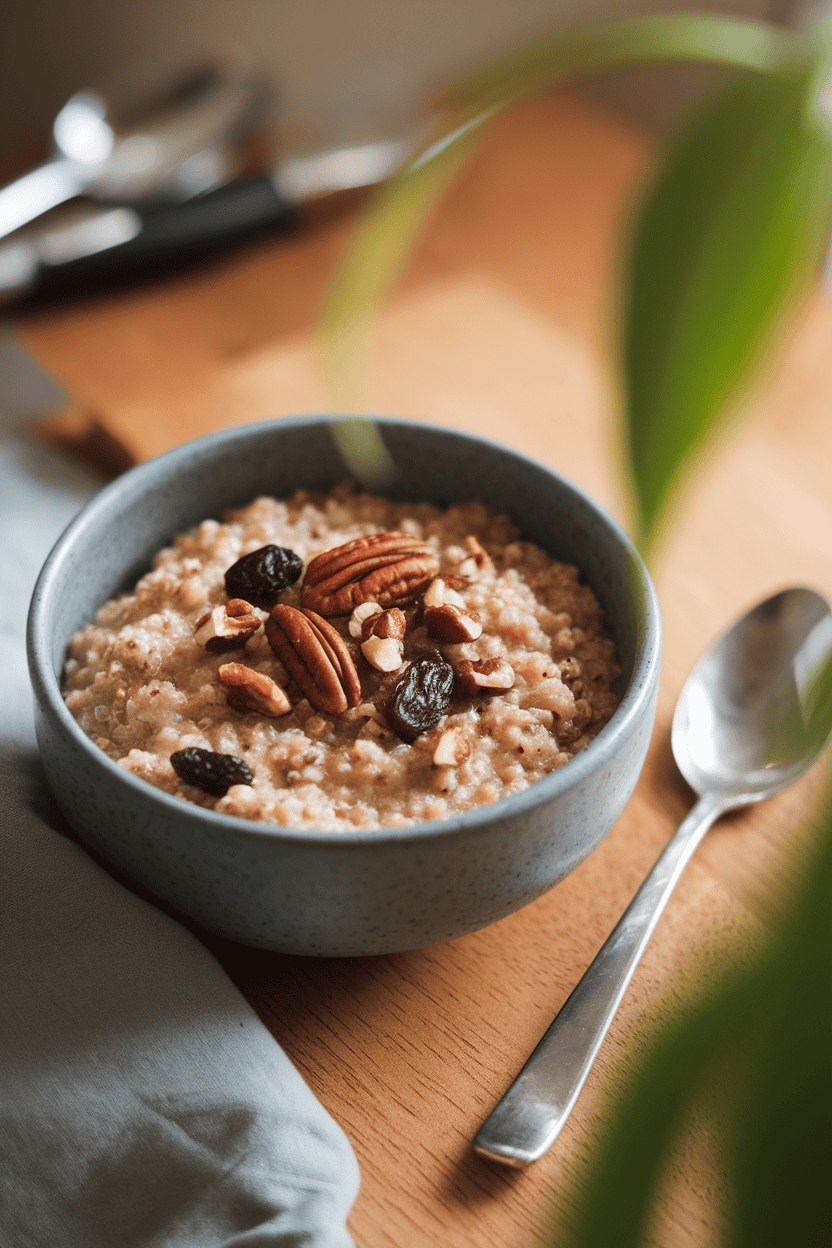 Indoor photo of a bowl of cinnamon quinoa porridge topped with raisins and chopped pecans, morning light, no text or logos.
