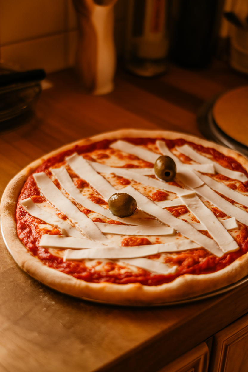 A warmly lit indoor countertop showing a round pizza draped with staggered strips of melted mozzarella resembling mummy bandages and two olive “eyes” peeking out. Photo only, no text or logos.
