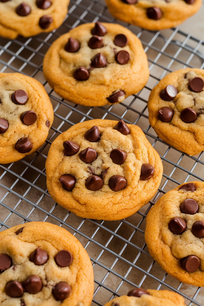 Indoor photo of chewy cookies dotted with chocolate chips on a cooling rack, subtle orange hue visible. No text or logos.