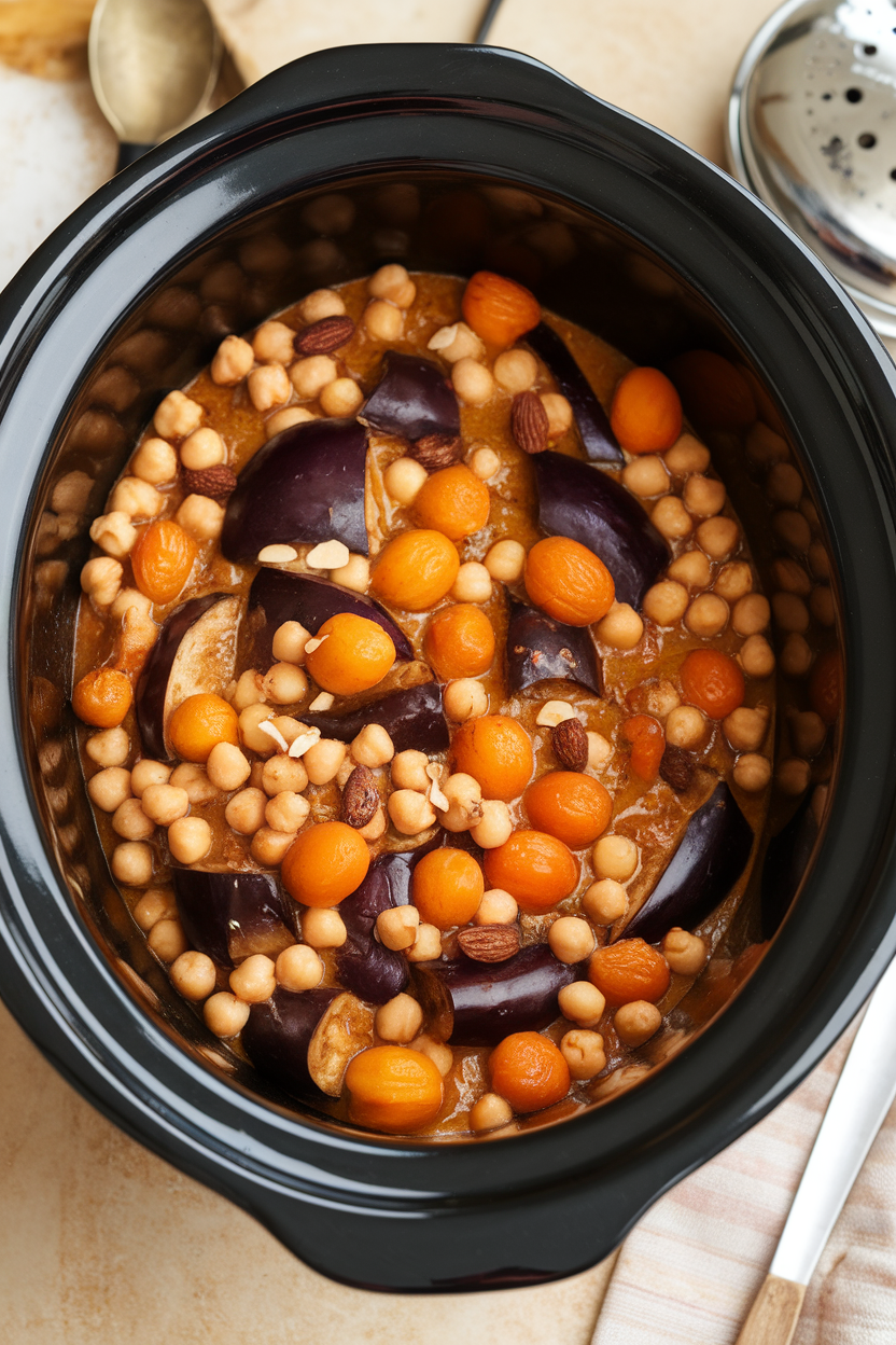 Photo, indoor crock-pot view of thick eggplant and chickpea stew dotted with apricots and almonds; no text or logos.