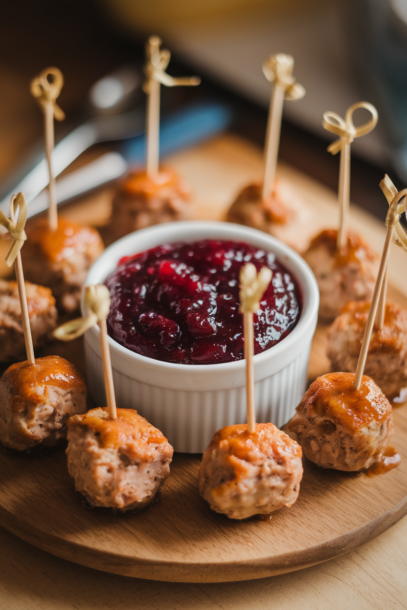 Indoor photo of cocktail turkey meatballs on toothpicks surrounding a ramekin of glossy cranberry sauce on a wooden board; no text or logos.
