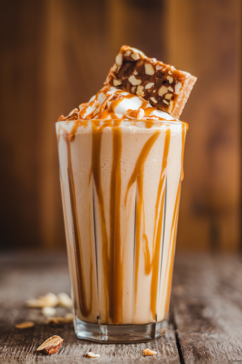 Indoor photo of a caramel-brown milkshake drizzled with sticky toffee sauce inside and out, topped with a mini toffee bar. No text or logos present.