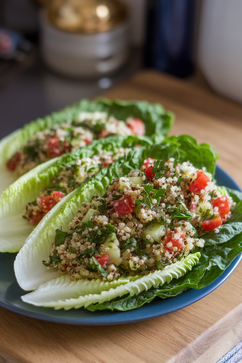 An indoor plate of crisp romaine leaves filled with colorful quinoa tabbouleh—parsley, tomatoes, cucumber, and lemon. No text or logos. Photo, not illustration.
