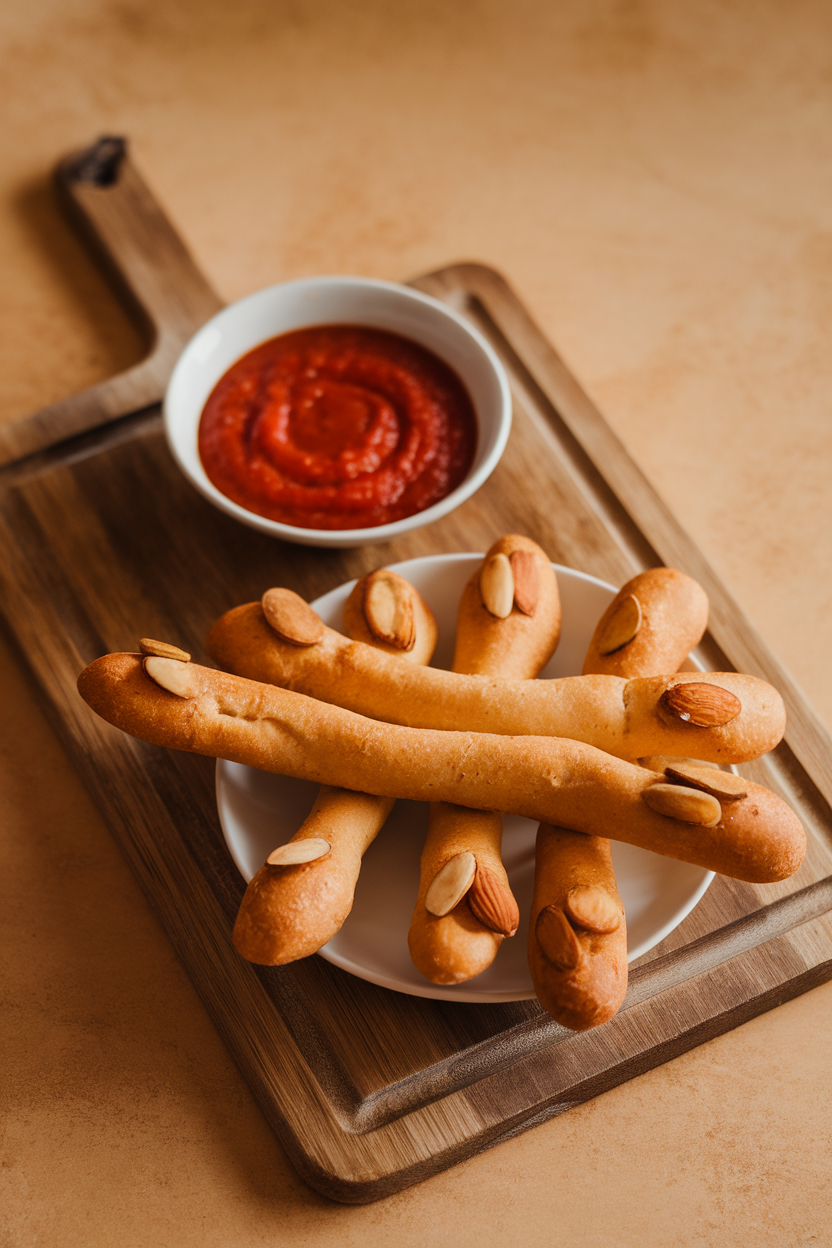 Photo of breadstick “fingers” with almond “nails” and tomato sauce dip, indoor cutting board, no logos or text.