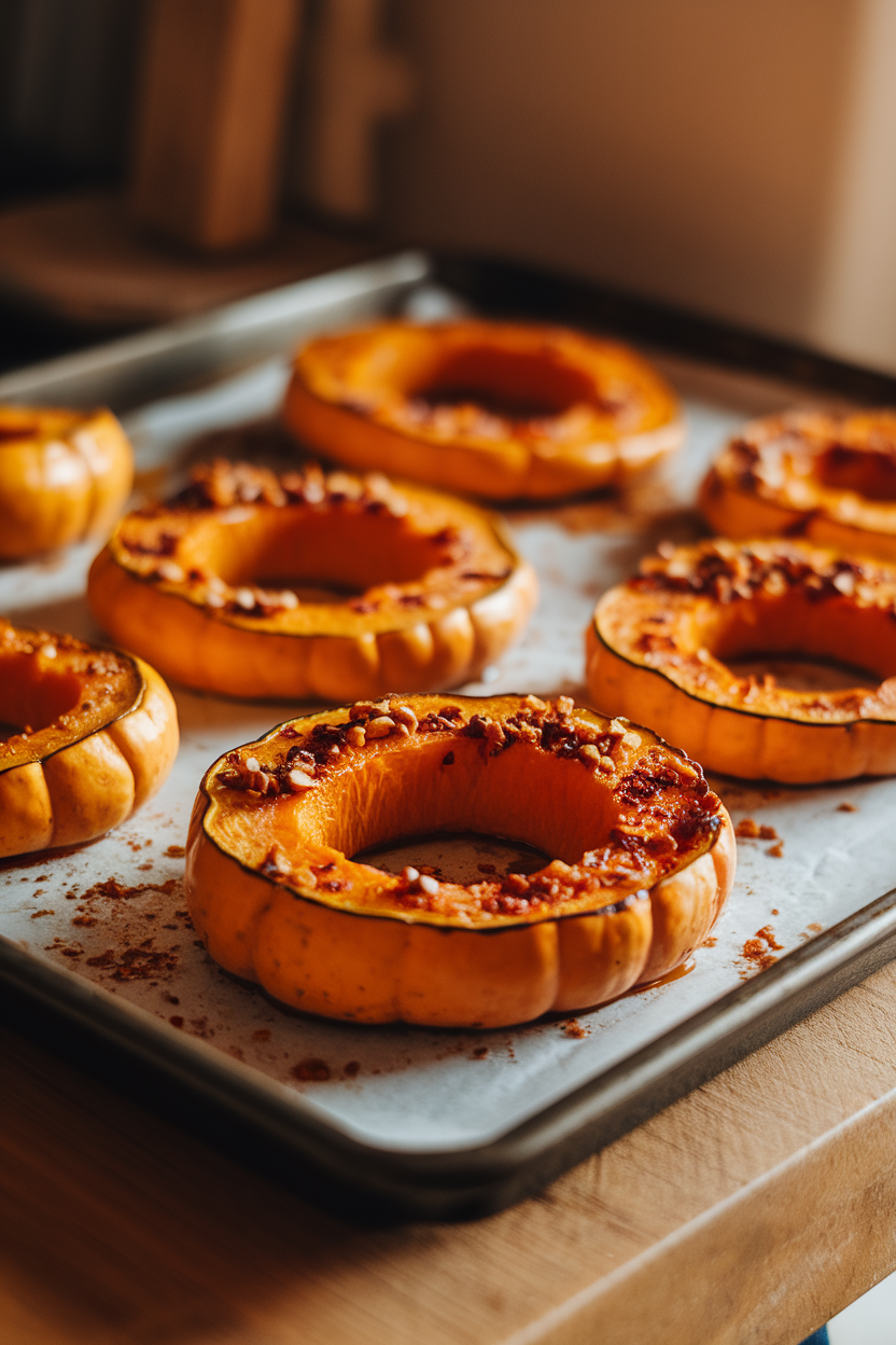 Photo of an indoor baking sheet with caramelized delicata squash rings sprinkled with chili flakes; no text or logos