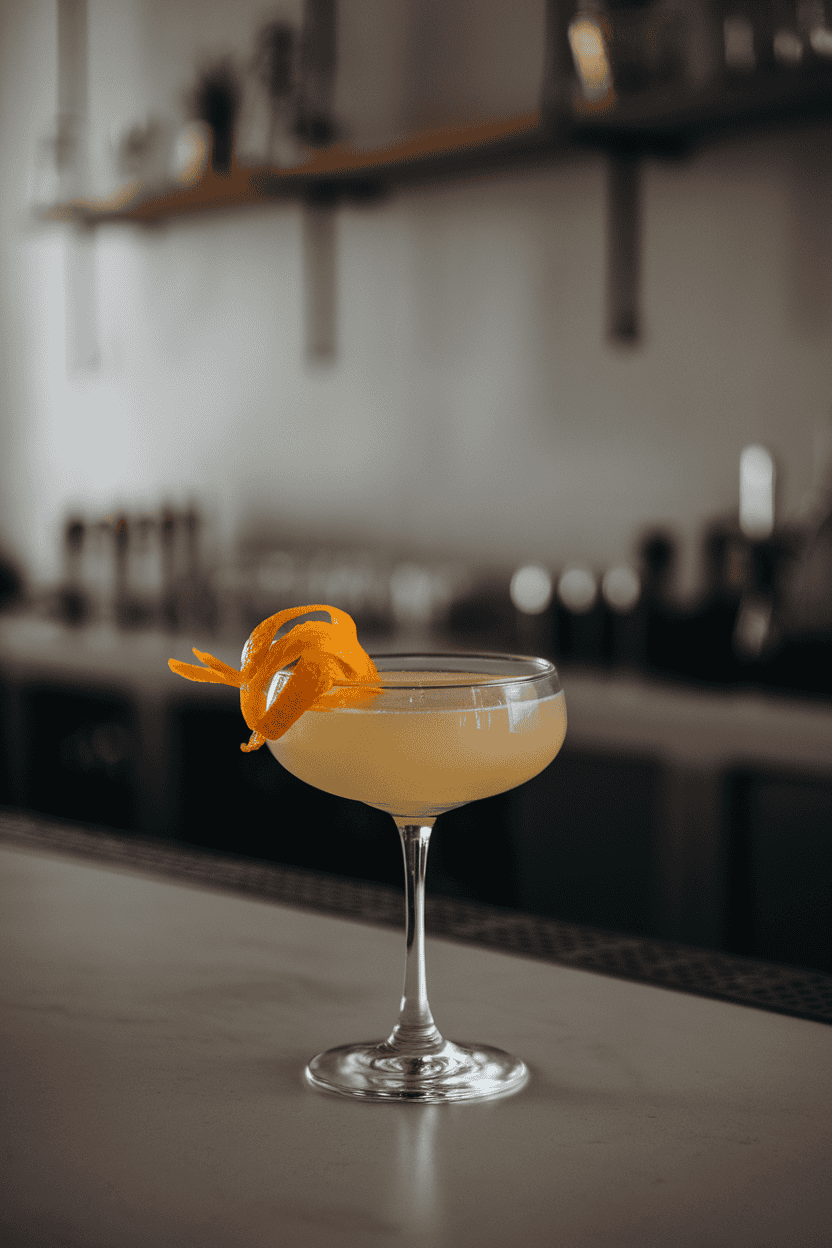 Moody indoor bar with a coupe glass of pale yellow cocktail garnished by an expressed orange peel; minimalistic backdrop, no text or logos, photo.