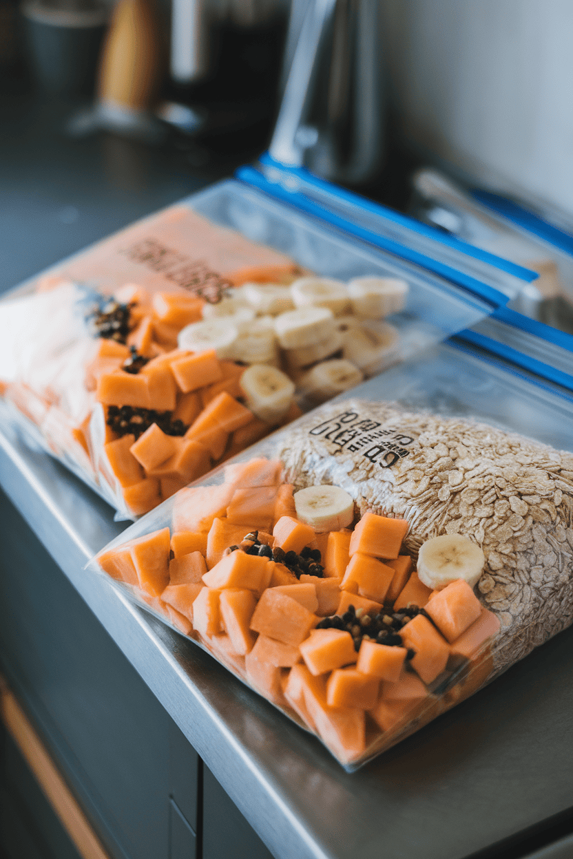 Indoor photo of freezer bags filled with diced papaya, banana slices, and rolled oats, laid flat on a countertop, no text or logos.
