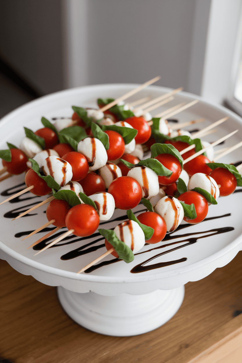 Photo of short bamboo skewers threaded with cherry tomatoes, fresh mozzarella balls, and basil leaves, drizzled with balsamic glaze on a white serving tray indoors. No text or logos present.