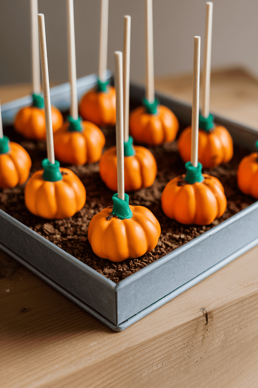 Small pumpkin-shaped cake pops with green candy stems, sitting atop crushed graham “soil” in a tray, photographed indoors; no logos or text. Photo.