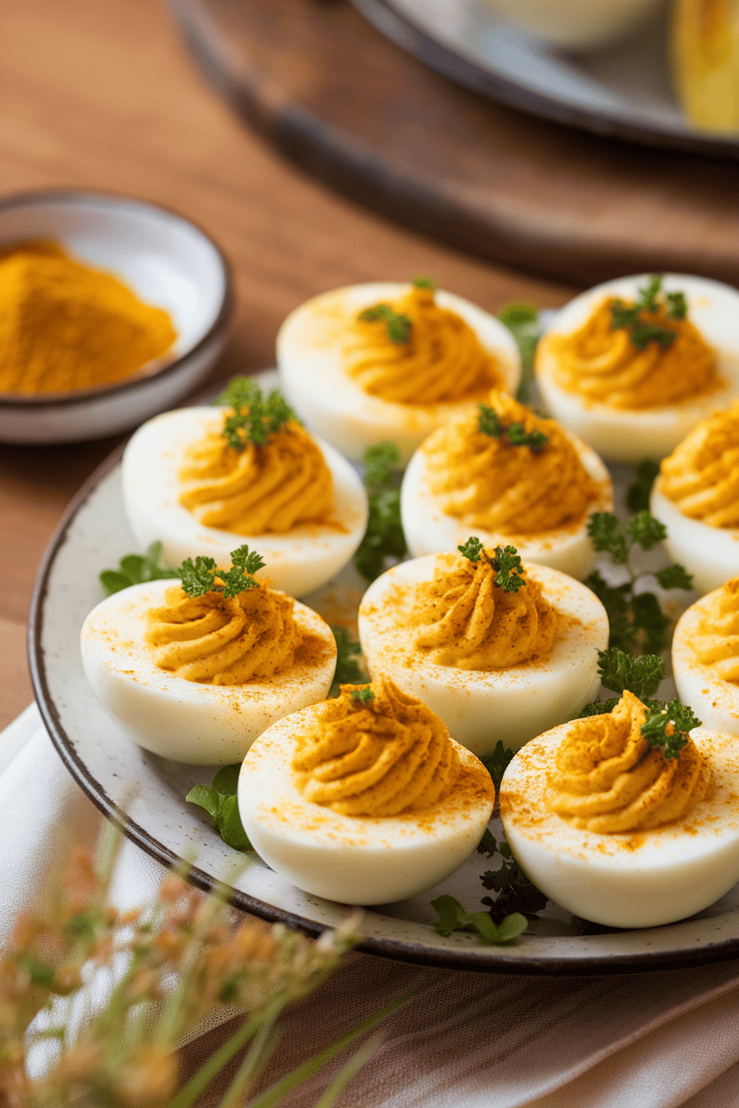 Photo of deviled egg halves on a platter indoors, yolk filling tinted yellow with curry, no text or logos.