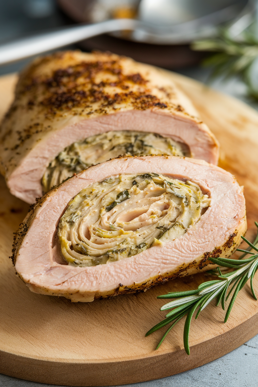 Indoor photo of sliced chicken breast revealing creamy artichoke-spinach filling, set on a wooden board. No text or logos.