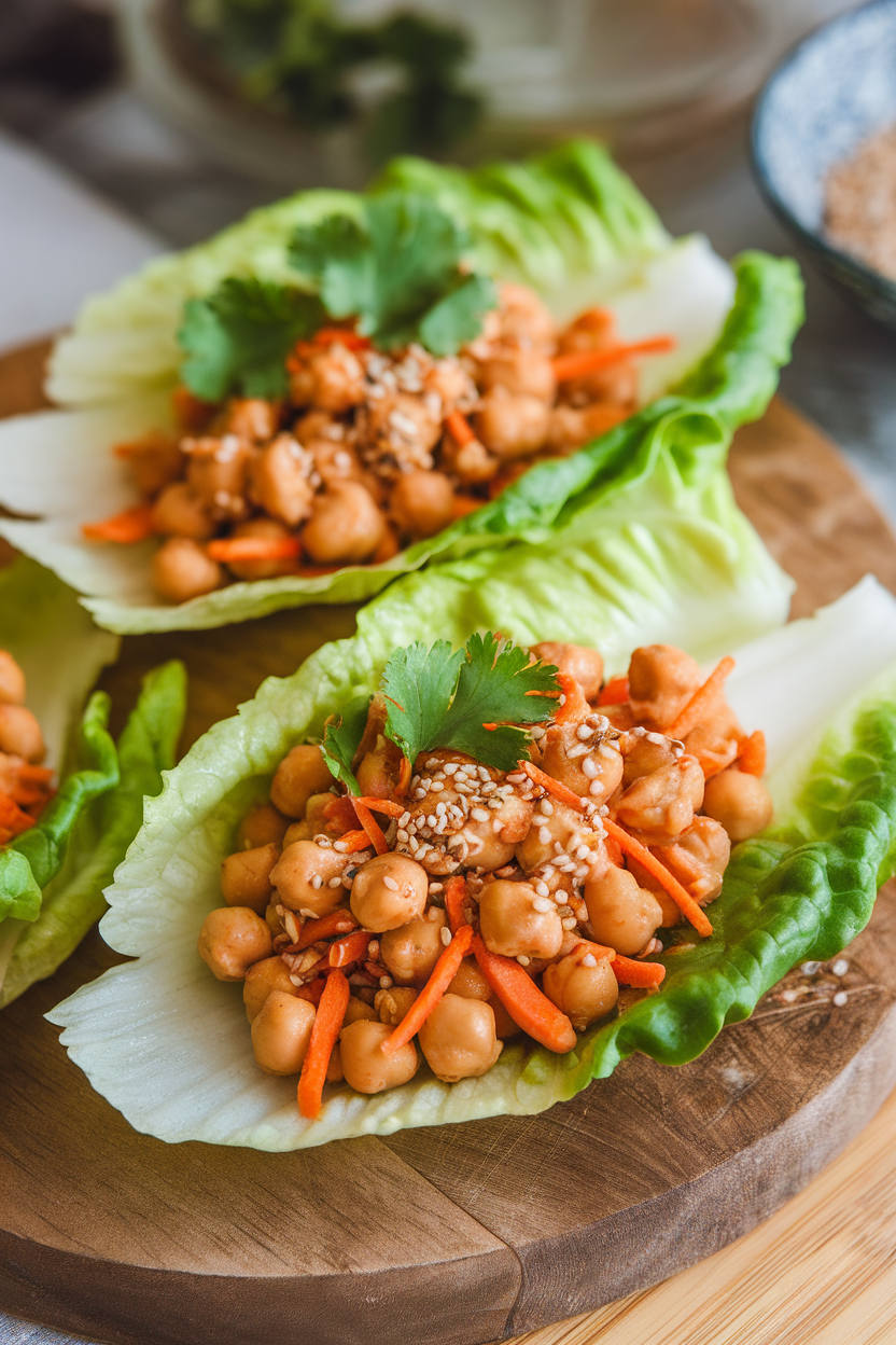 Indoor photo of butter lettuce leaves filled with peanut-sauced chickpeas, shredded carrots, and cilantro; no text or logos shown.