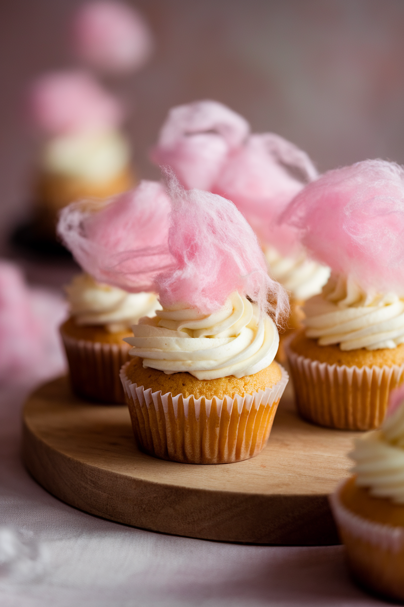 Soft indoor lighting over vanilla cupcakes crowned with pale pink cotton candy stretched into wispy cobwebs, no text or logos.