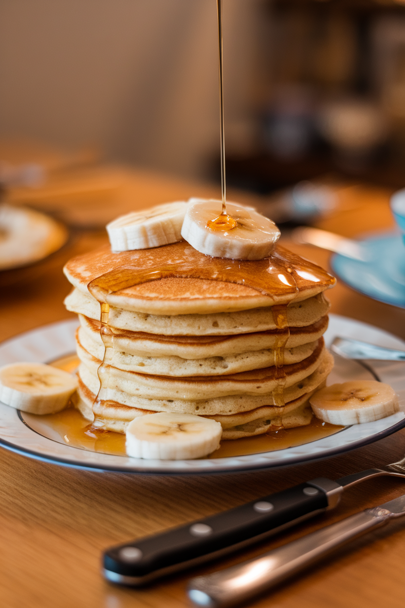 Indoor photo of a stack of golden pancakes drizzled with honey and topped with banana slices, situated on a breakfast table. No text or logos.