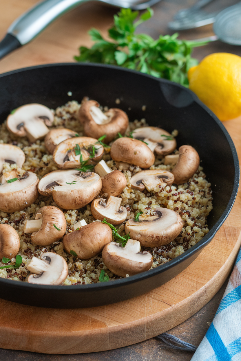 Indoor skillet of sautéed button mushrooms with garlic being poured over quinoa, parsley sprinkled on top; no text or logos.