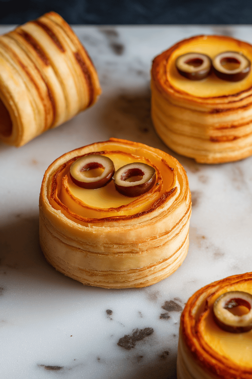 Warmly lit indoor close-up of manchego sticks wrapped in thin strips of puff pastry with olive slice eyes, baked golden, resting on a marble board. No text or logos.