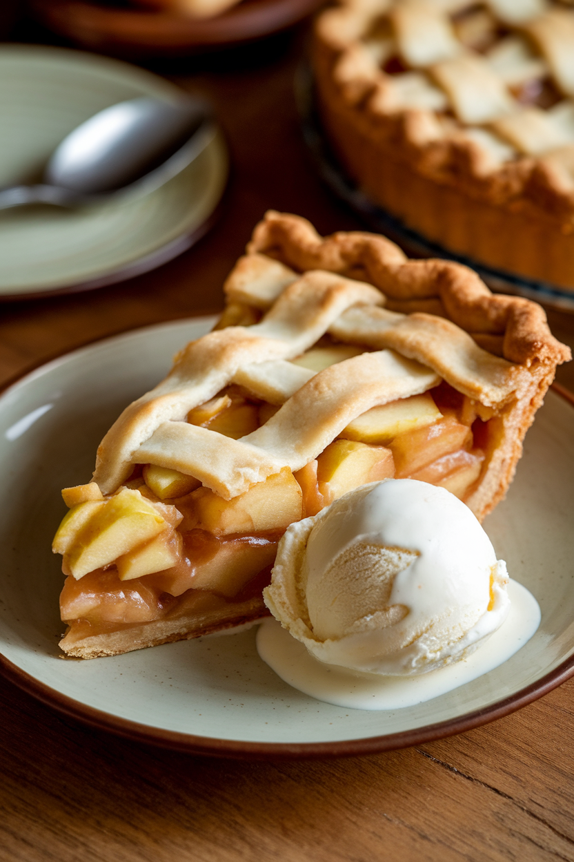 Slice of lattice-topped apple pie on a plate with a scoop of vanilla ice cream, indoor scene. No text or logos. Photo.