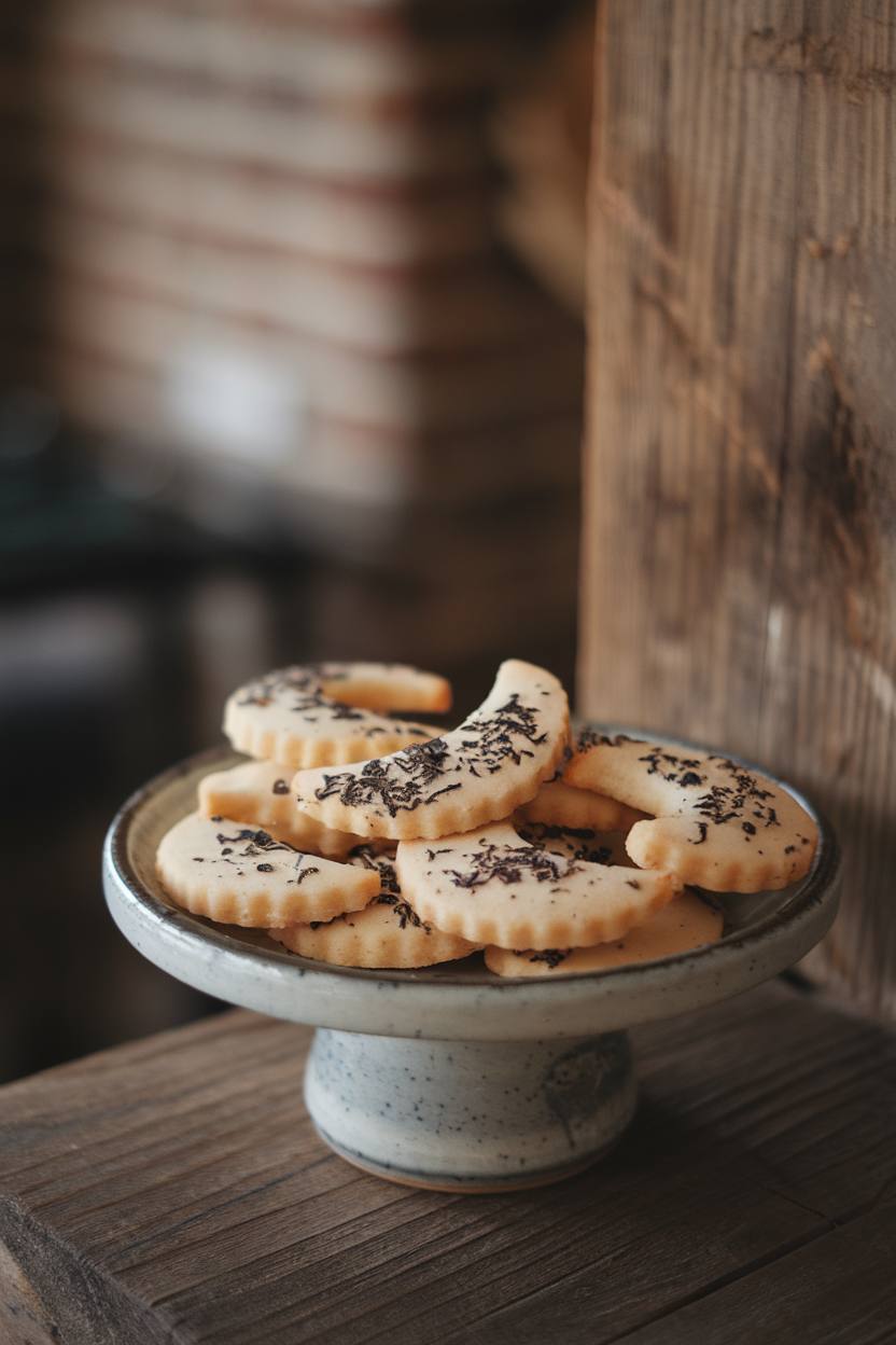 Indoor ceramic plate of pale shortbread cookies speckled with Earl Grey tea leaves, shaped like crescent moons. No text or logos.