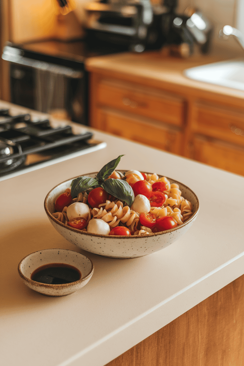 Indoor kitchen island featuring a bowl of pasta salad with cherry tomatoes, mozzarella pearls, and basil leaves, drizzled with balsamic glaze. No text or logos visible. Photo, not illustration.