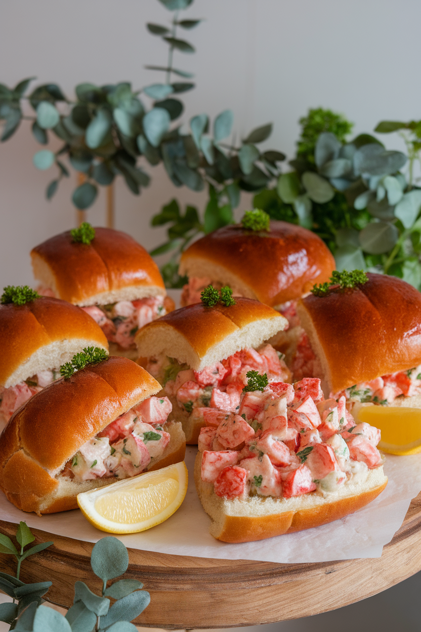 An indoor platter featuring several split-top brioche buns filled with chilled lobster salad, parsley sprinkled lightly. No logos or text. Photo only.