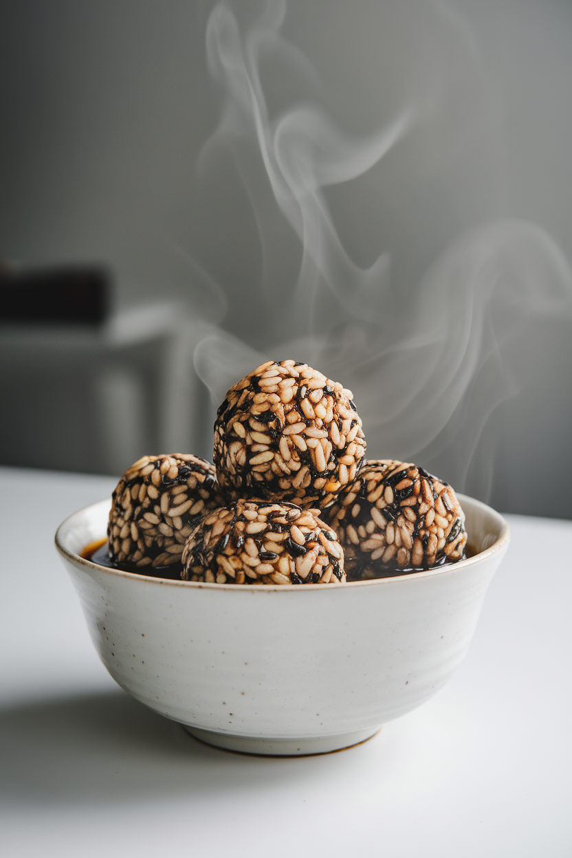 Indoor bowl with steaming ginger syrup holding several black sesame rice balls, minimal background, no text or logos.