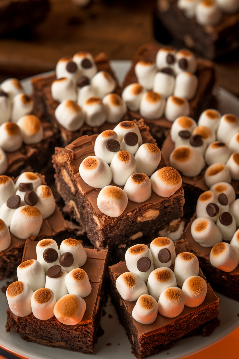 Indoor shot of brownies topped with toasted mini marshmallows piped into little ghost shapes with chocolate chip eyes; warm lighting, no text or logos