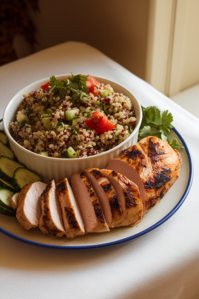 A warmly lit indoor table featuring a sliced grilled chicken breast with char marks, served beside a fluffy bowl of quinoa tabbouleh dotted with parsley, tomatoes, and cucumbers. No text or logos in the scene; photography only.