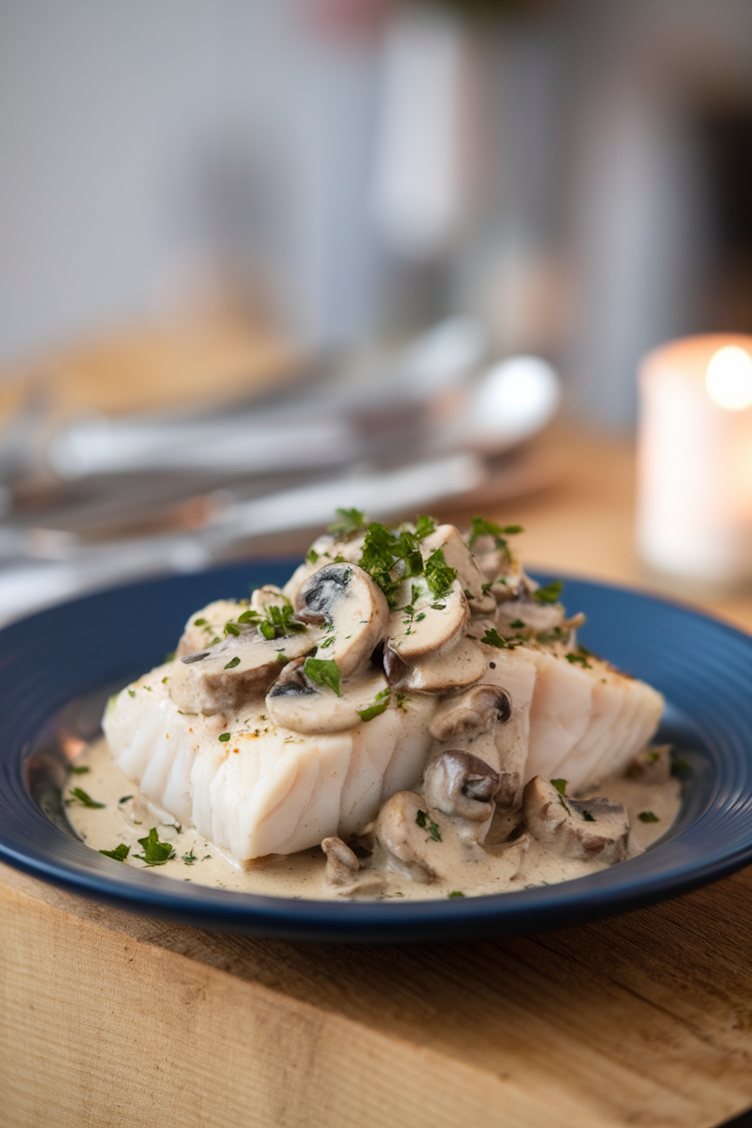 Indoor plate of cod topped with mushroom Marsala cream sauce, parsley sprinkled over. No text or logos.
