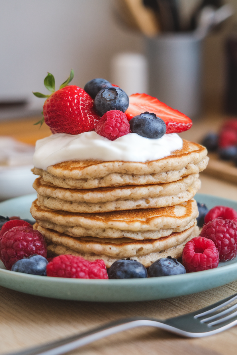 An indoor breakfast plate stacked with fluffy oat-flour protein pancakes, topped with Greek yogurt and fresh berries. No logos or text; photo only.