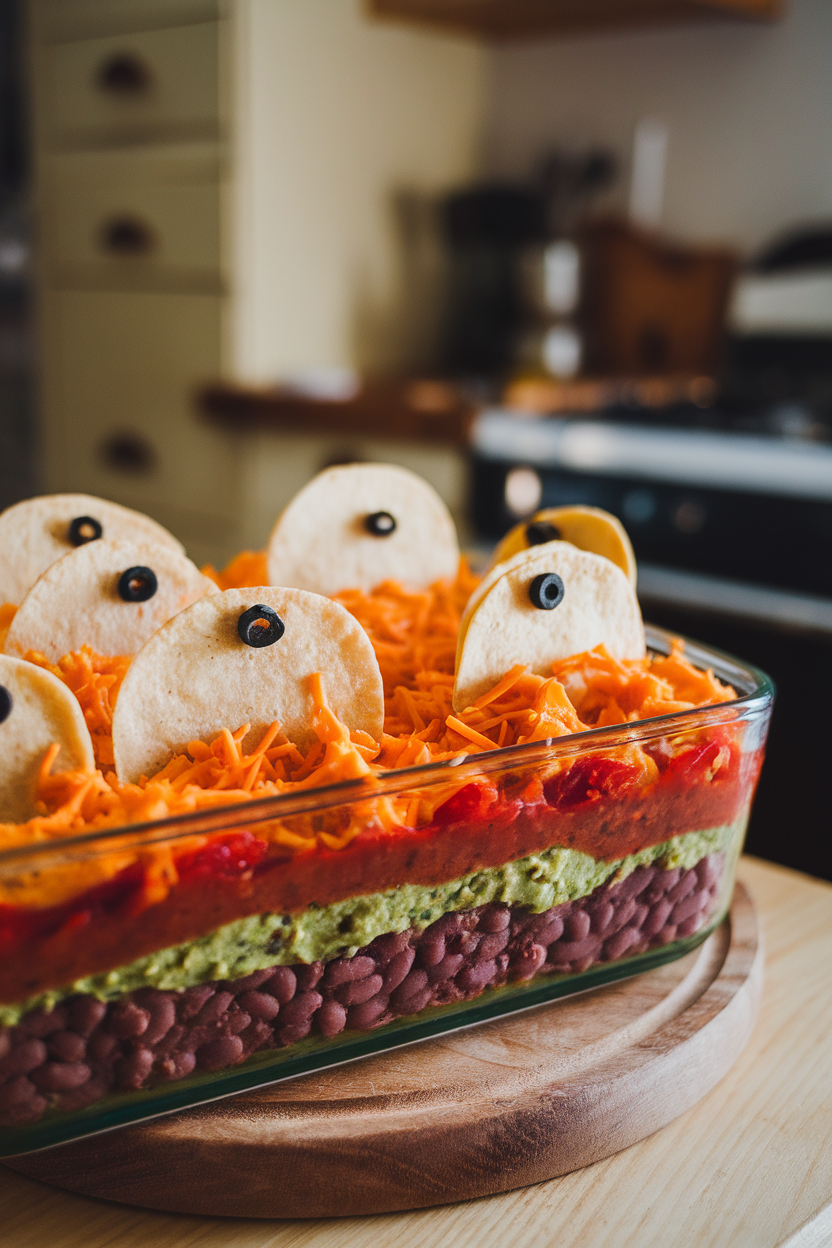 Photo of a baking dish layered with refried beans, salsa, guac, and cheese, topped with tortilla “tombstones” labeled with black olive bits. Indoor lighting, no text or logos.