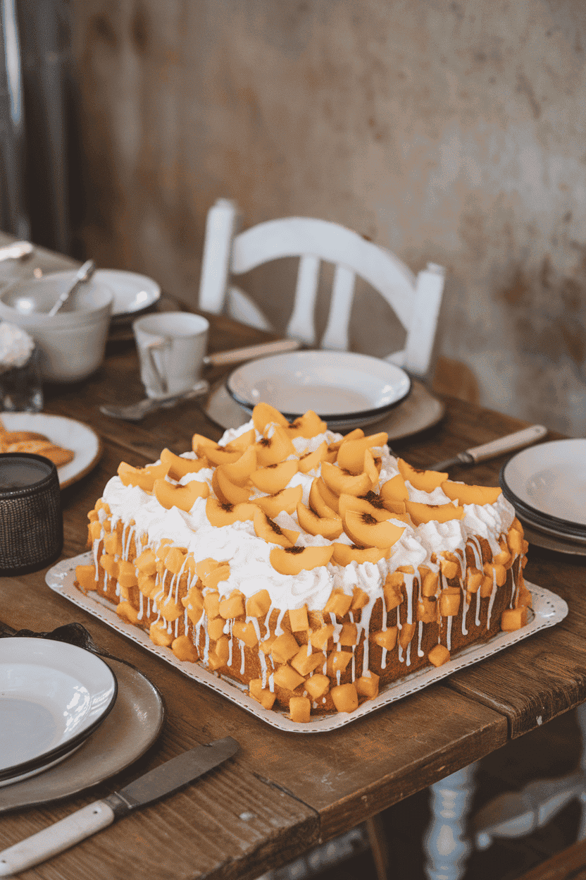 An indoor farmhouse table with a sheet cake dotted by peach cubes and drizzled with condensed milk, topped with whipped cream and peach slices. No text or logos. Photo.