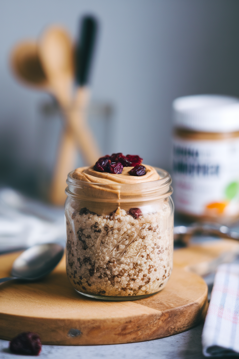 Indoor scene featuring a lidded glass jar of overnight quinoa topped with almond butter swirl and dried cranberries. No logos or text.