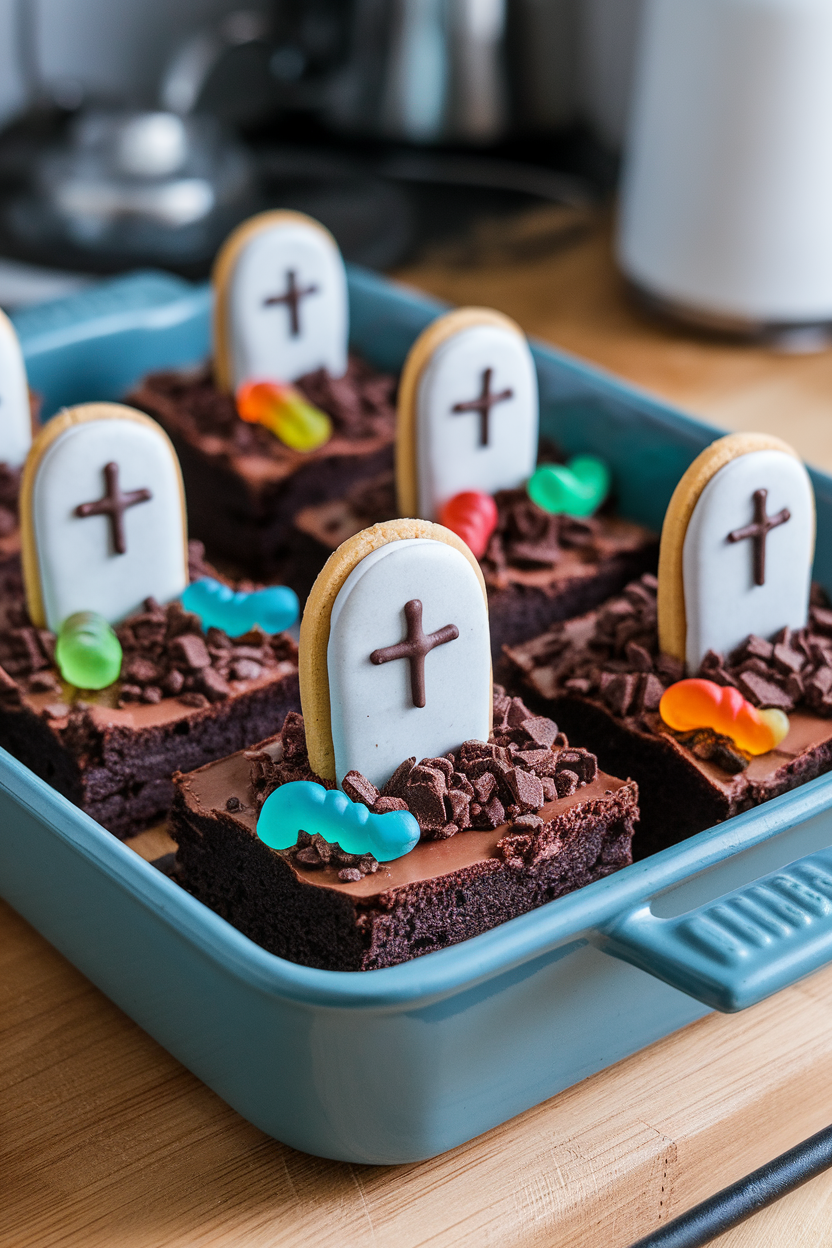Indoor baking dish of fudgy brownies topped with cookie tombstones, crushed chocolate cookie “dirt,” gummy worms peeking out. No text or logos.
