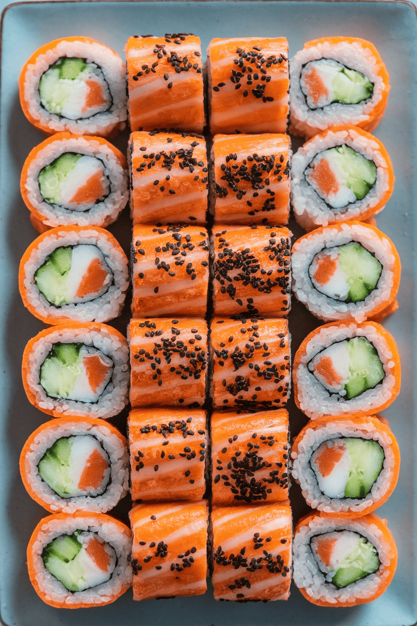 Overhead indoor photo of nori sheets rolled with cream cheese, cucumber, and carrot, sliced and dotted with black sesame eyes, arranged on a rectangular platter. No text or logos.