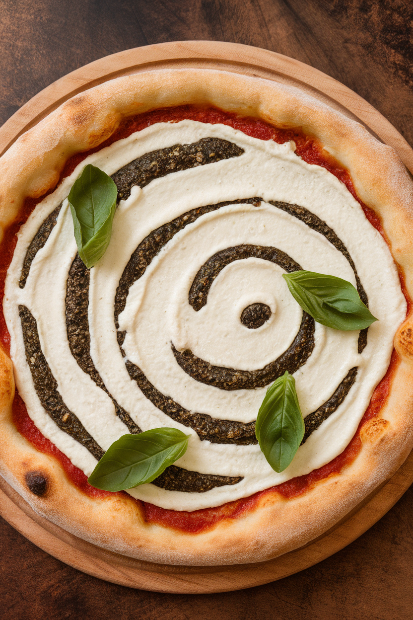 Close-up of a pizza with ghost-white ricotta swirled in wispy streaks over a black-olive tapenade base, indoor photo. Photo only, no text or logos.