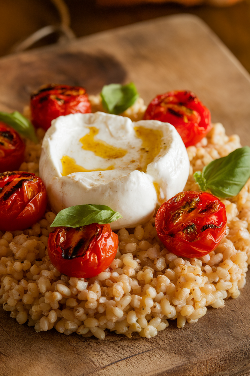 Photo of barley topped with blistered cherry tomatoes and creamy burrata, drizzled with basil oil. Indoor, no logos.