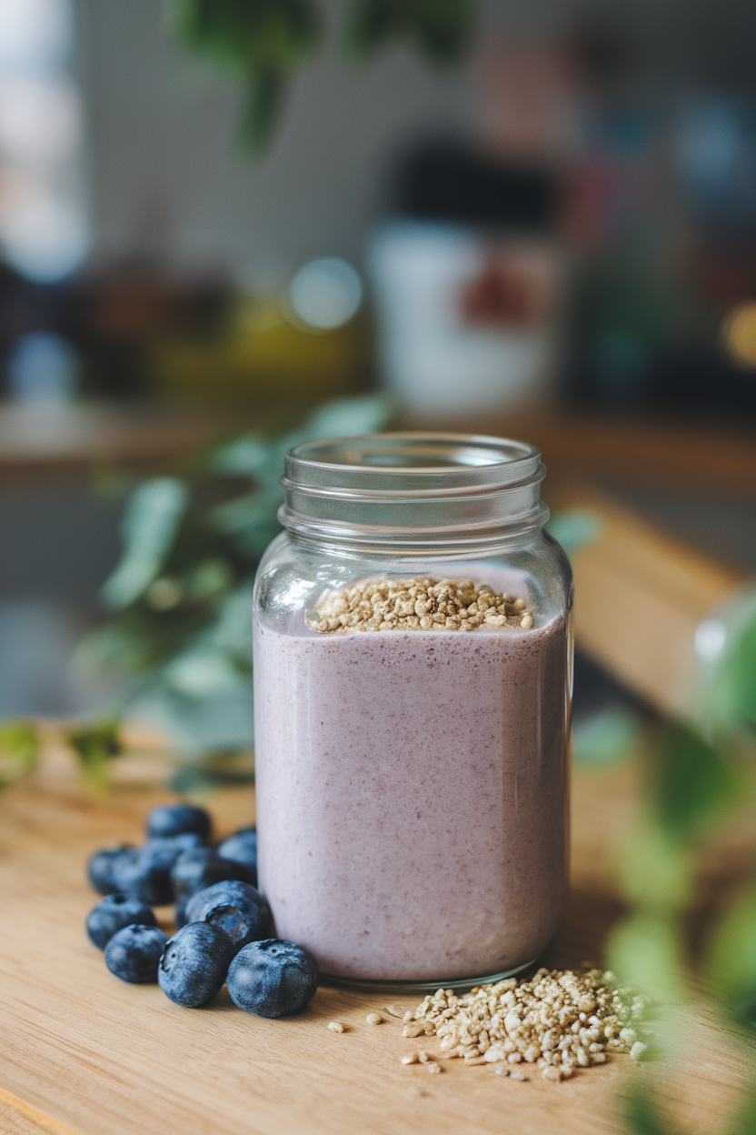 An indoor glass jar of pale purple smoothie topped with a sprinkle of hemp hearts, blueberries nearby. No logos or text.