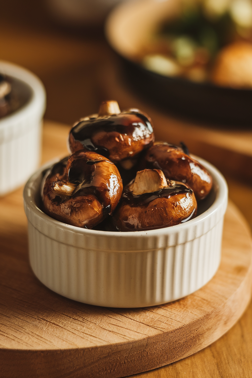 A ceramic ramekin indoors filled with glossy roasted mushrooms coated in balsamic glaze, warm lighting; no text or logos. Photo.</Prompt