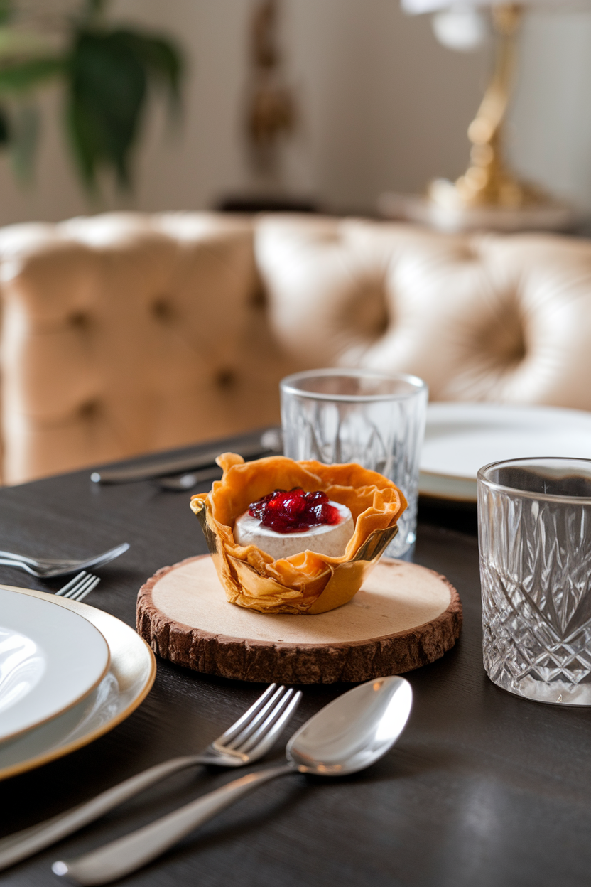 An indoor dining table featuring golden mini phyllo shells filled with gooey brie and jewel-like cranberry sauce, set on a small wooden board. Soft warm lighting, no logos or text. Photo only.